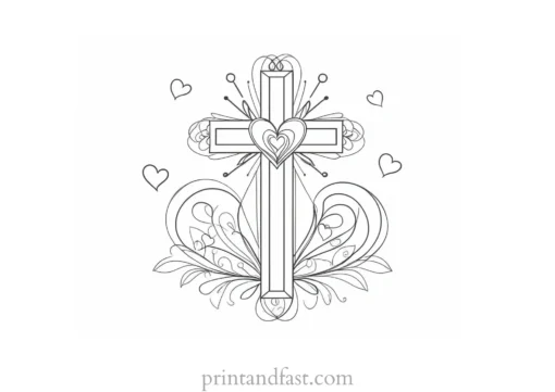 cross coloring page with hearts