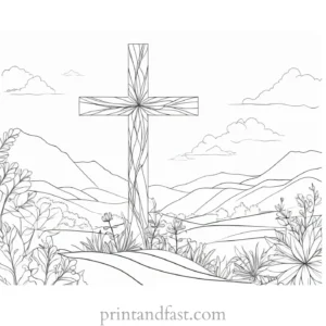 cross coloring page with nature