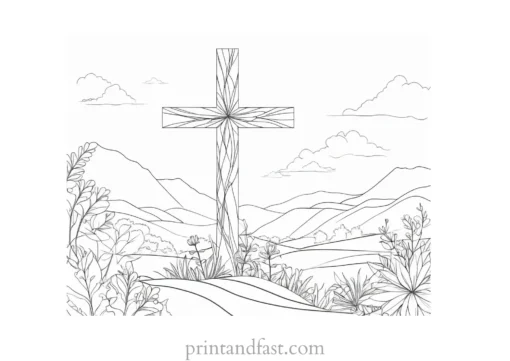 cross coloring page with nature