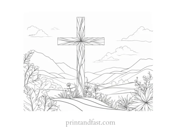 cross coloring page with nature