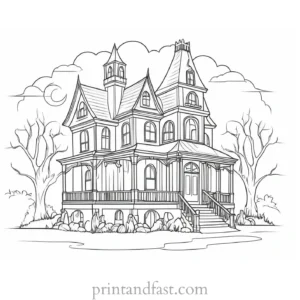 detailed haunted house coloring page