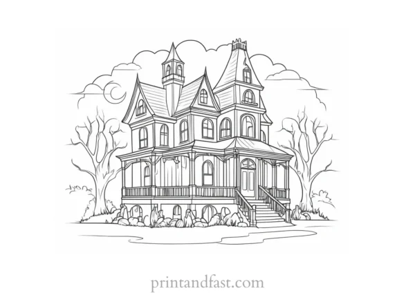 detailed haunted house coloring page