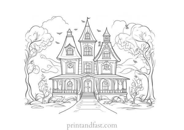 enchanted haunted house coloring page