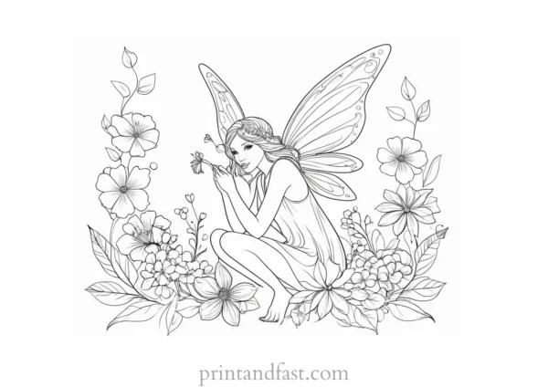 fairy coloring page with flowers