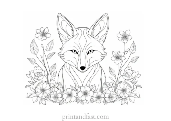 fox coloring page with leaves