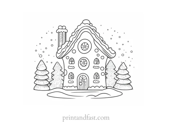 gingerbread coloring page with snow