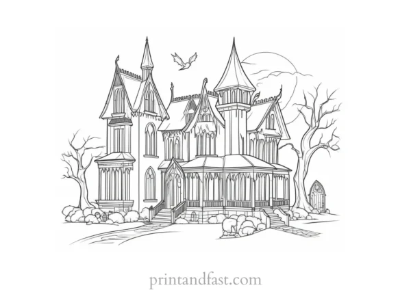 gothic haunted house coloring page