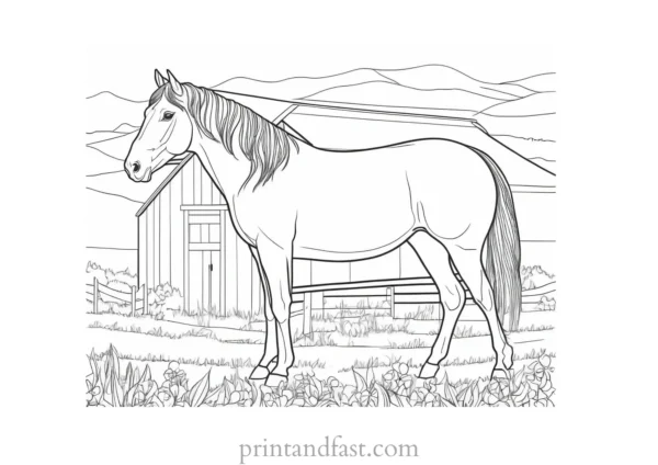 horse coloring page with barn