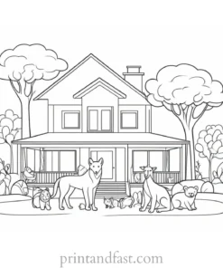 house coloring page with animals