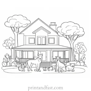 house coloring page with animals