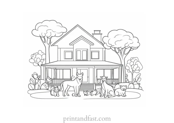 house coloring page with animals