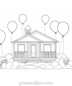 house coloring page with balloons