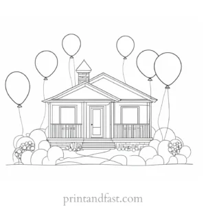 house coloring page with balloons