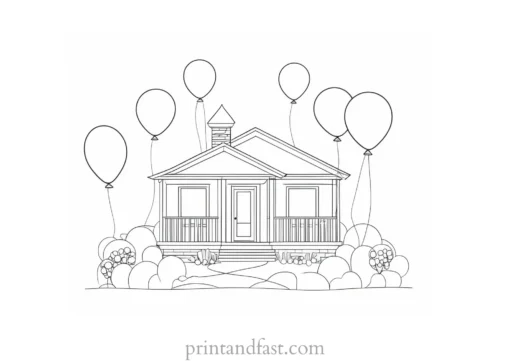 house coloring page with balloons