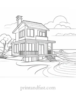 house coloring page with beach