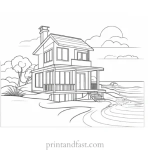 house coloring page with beach