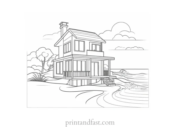 house coloring page with beach