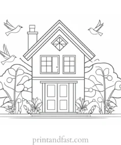 house coloring page with birds