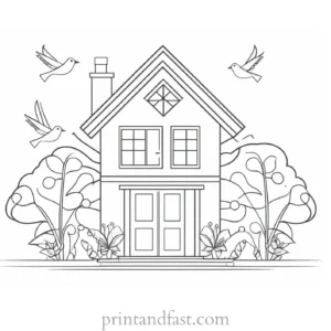 house coloring page with birds