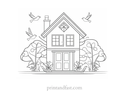 house coloring page with birds