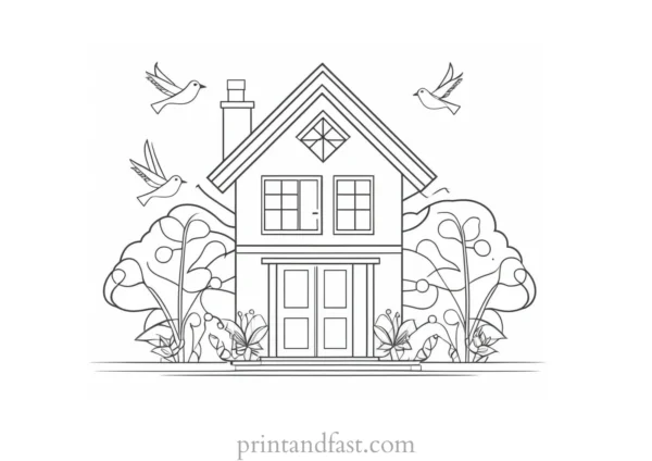 house coloring page with birds