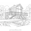 house coloring page with bridge