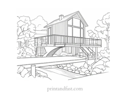 house coloring page with bridge