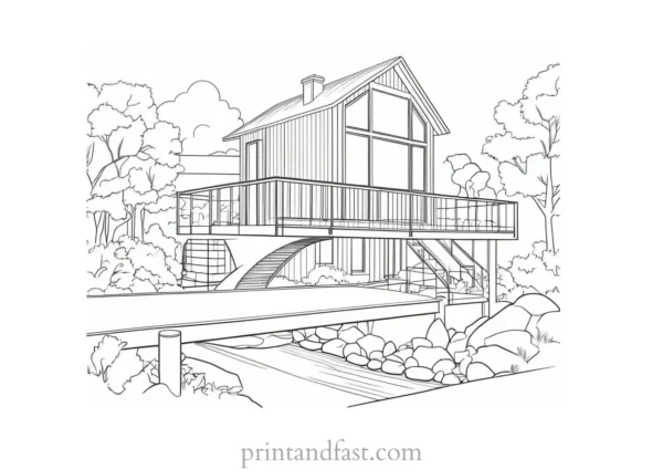 house coloring page with bridge