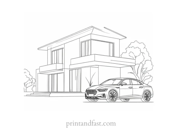 house coloring page with car