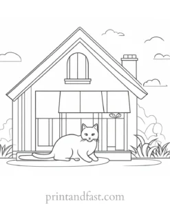 house coloring page with cat