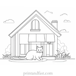 house coloring page with cat