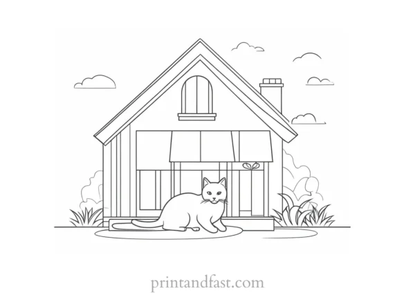 house coloring page with cat