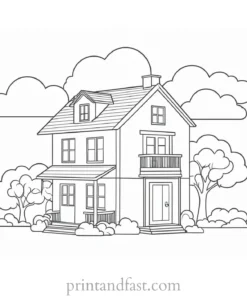 house coloring page with clouds