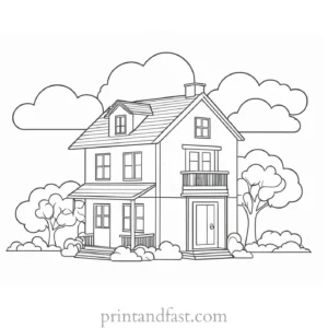 house coloring page with clouds