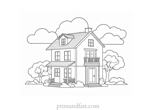 house coloring page with clouds