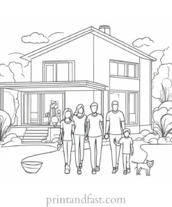 house coloring page with family