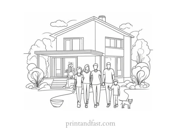 house coloring page with family