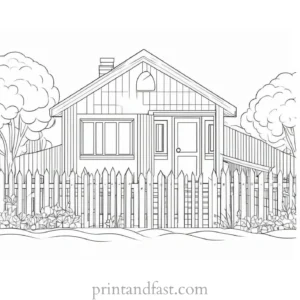 house coloring page with fence