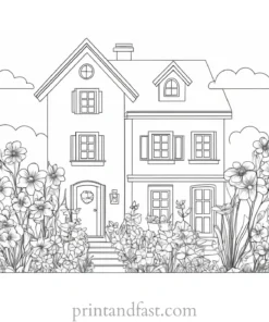 house coloring page with flowers