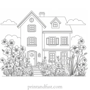 house coloring page with flowers