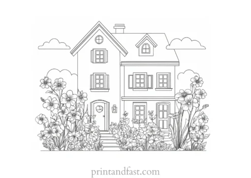 house coloring page with flowers