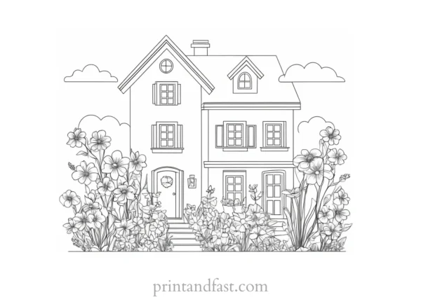 house coloring page with flowers