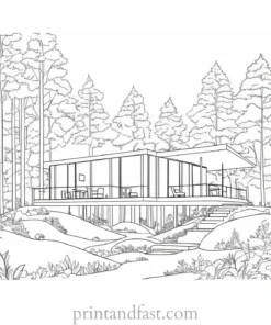 house coloring page with forest