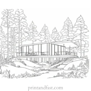 house coloring page with forest