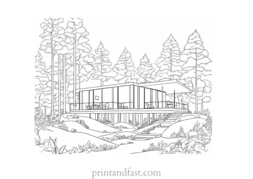 house coloring page with forest