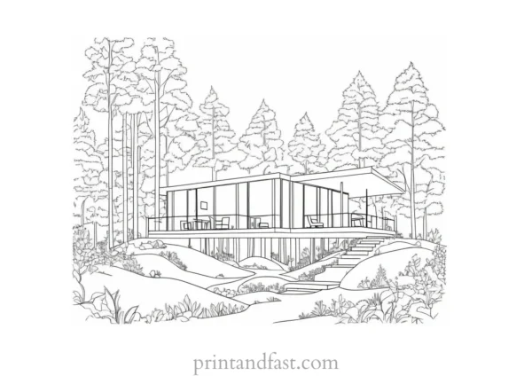 house coloring page with forest