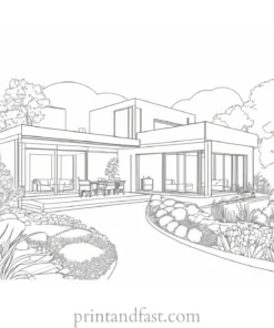 house coloring page with garden