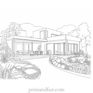 house coloring page with garden