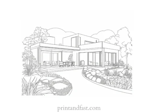 house coloring page with garden