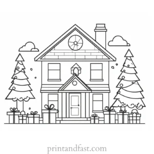 house coloring page with gifts